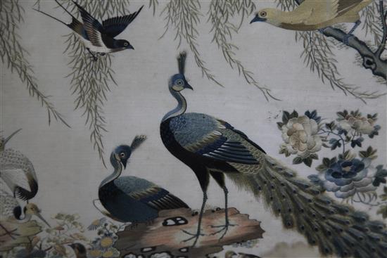 A Chinese embroidered silk picture of birds amid rockwork and foliage, late 19th / early 20th century, 56 x 63cm, losses to frame